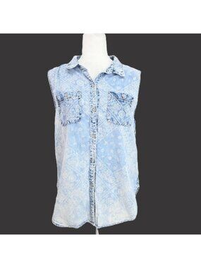 VTG Mudd Y2K Blue Acid Wash Ombre Button Front Sleeveless Shirt Women Size L
